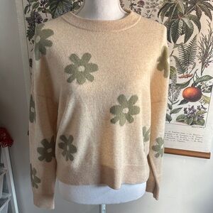 Magaschoni Cashmere Beige and Green Floral Sweater Medium